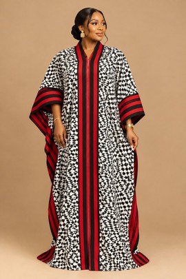 Kaftan boubou géométrique noir et blanc pour femme, avec bordure à rayures rouges et manches larges