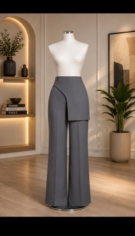 Women's Grey High-Waisted Wide-Leg Trousers with Asymmetric Skort Overlay –