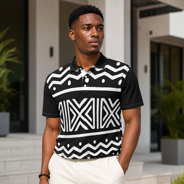 African Abstract Mudcloth Print Men's Heavyweight Polyester Polo Shirt Black | Bynelo