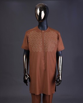A caramel brown, front flap with gold Swarovski button, connected hexagon Embroidery kaftan