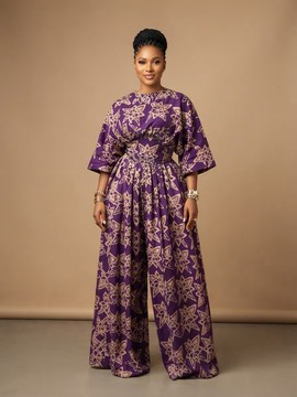 Royal Purple and Gold Print Wide-Leg African Jumpsuit