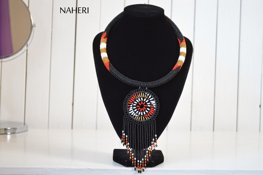African Black Necklace | Zulu Inspired Beaded Necklace | White Tribal Pendant Jewelry