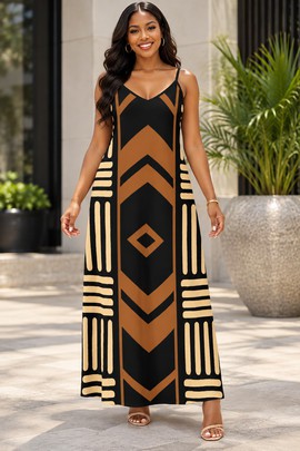 Robe longue élégante à col en V pour femme à imprimé afro | Robe longue à imprimé africain | Bynelo