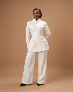 Ivory High-Neck Blazer &amp; Wide-Leg Pants Set