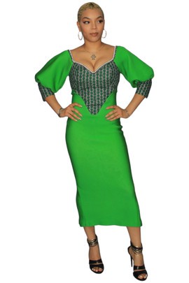 Green Jersy and Ankara Mix Maxi Dress, African Women Dress.