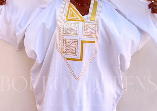 African Boubou Dress for Women "Diena" White in Glazed Linen — With Scarf