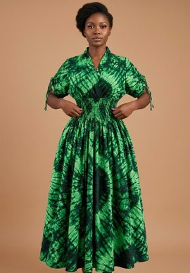 Vibrant Green Adire Batik Smocked Midi Dress