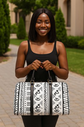 African Leather Bag for Travel Mud Cloth Geometric White &amp; Black