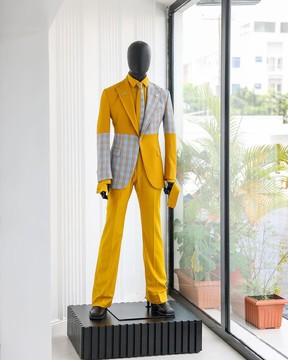 A “Square Shattered” yellow &amp; broken tartan check in sapphire blue mix peak lapel suit