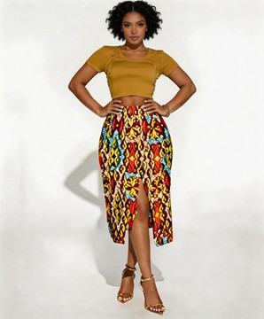 gold rust midi ankara wrap skirt