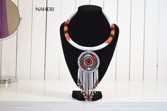 African White Necklace | Zulu Inspired Beaded Necklace | White Tribal Pendant Jewelry