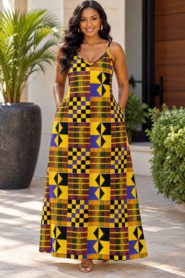 African Heritage kente Women's Elegant V-Neck Maxi Dress | African Kente Print Maxi Dress | Bynelo