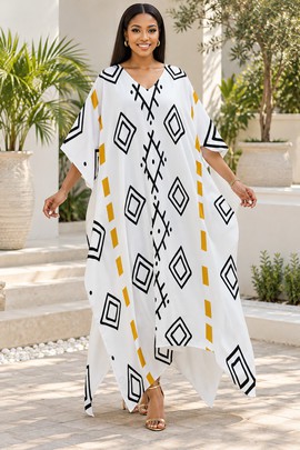Robe midi à col en V et manches courtes pour femme en imprimé africain | Robe midi en imprimé africain | Bynelo