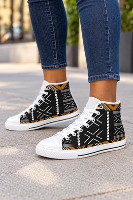 Mudcloth Cowrie Women's Classic High Top Canvas Shoes | African Print High Top Sneakers