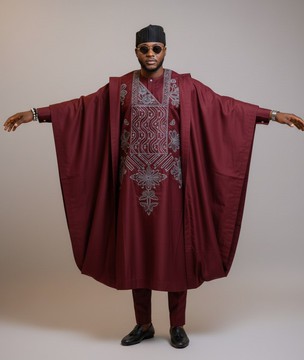 The Maroon Majesty Agbada &amp; Trousers Set With Cap