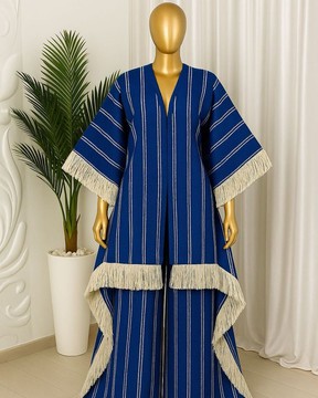 Women's Royal Blue Aso Oke Striped Fringe Kimono – Open Front Cardigan with High-Low Hem