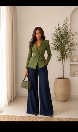 Women's Olive Green Double-Breasted Blazer &amp; Navy Wide-Leg Trousers Set