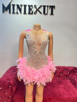 Robe de bal rose, robe à plumes roses, robe rose courte, robe d'anniversaire rose, robe de bal courte