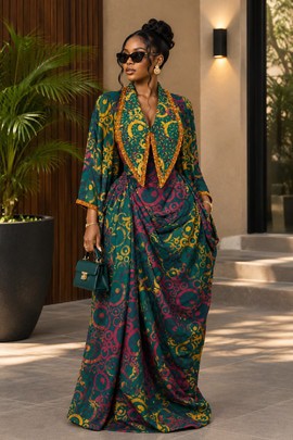 Women's Green &amp; Gold Adire Print Draped Maxi Gown with Beaded Collar – Oversized Kaftan Dress