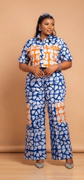 Women’s blue and orange tie-dye/batik print 2-piece
