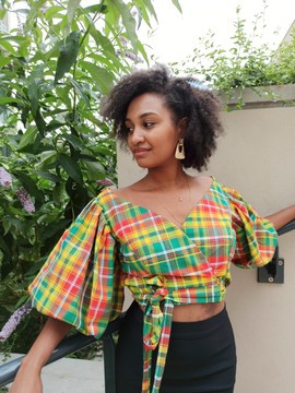 TOP HIDDEN Green madras fabric heart