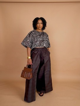 Women Adire Top &amp; Dark Brown Wide-Leg Trousers Two-pieces Set