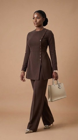 Ensemble péplum marron chocolat à boutons asymétriques