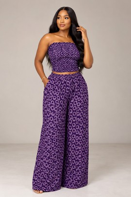 Women’s Purple Printed Two-Piece Palazzo Set – Strapless Crop Top &amp; Wide-Leg Pants
