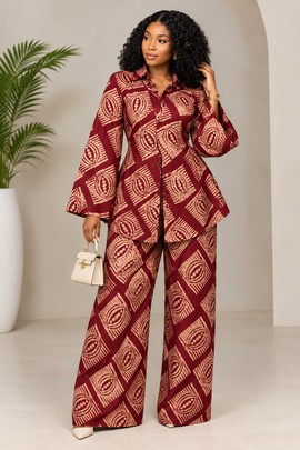 Women's Burgundy Ankara Two-Piece Set – African Print Flared Sleeve Shirt and Wide-Leg Trousers