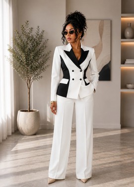 Ensemble de tailleur femme blanc et noir à blazer croisé et pantalon à jambes larges – Ensemble de bureau contrasté deux pièces