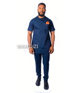 Lightly patterned Blue Suit with trimmed patch pocket, African Men Clothing, African Wedding Men