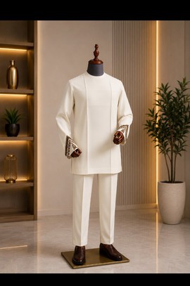 Ensemble sénateur ivoire pour homme avec poignets brodés – Tenue traditionnelle deux pièces à manches longues