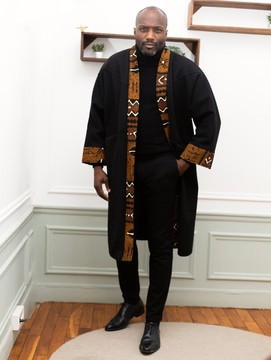 KIMANTO - Black Kimono-Style Coat in Brown Bogolan