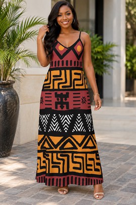 Robe longue élégante à col en V pour femme, imprimé Bogolan | Robe longue en Bogolan