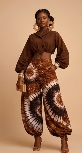 Brown Crop Blouse &amp; Tie-Dye Harem Pants Set — Balloon Sleeve Top with Elastic Hem