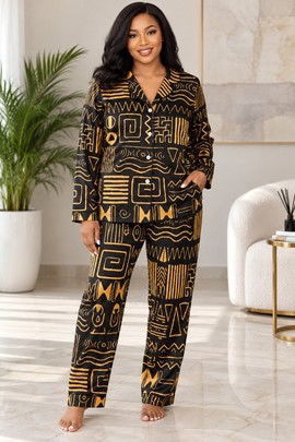 Ensemble de pyjama en satin pour femme à imprimé bogolan afrocentré | Vêtements de nuit à imprimé africain | Bynelo
