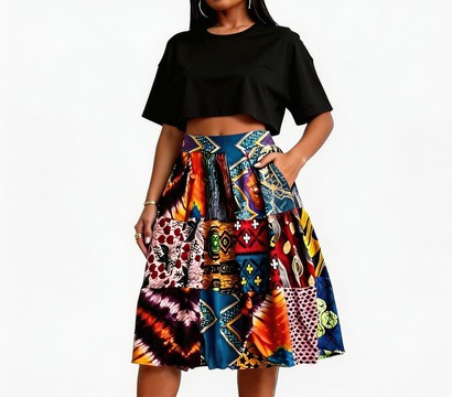 patchwork ankara skirt midi length with side pockets