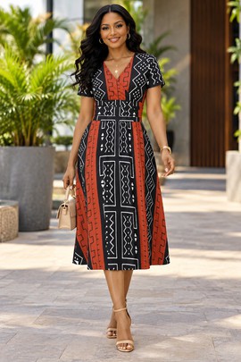Robe midi à col en V et manches courtes pour femme en imprimé africain | Robe midi en imprimé africain | Bynelo