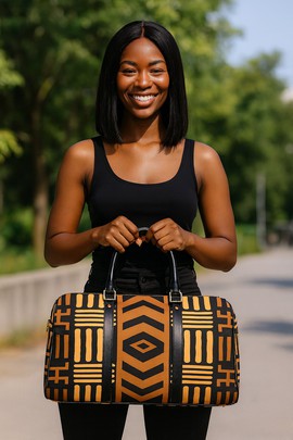 African Duffel Leather Bag for Travel Arrow Mudcloth Pattern