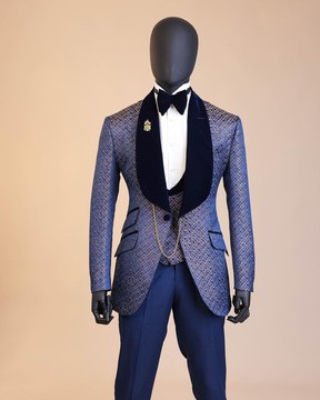 A shawl lapel, splashed navy blue, orange and silver metallic jacquard tuxedo suit