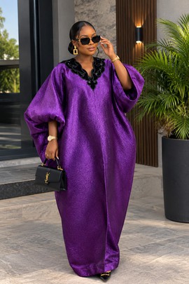 Women's Purple Brocade Kaftan Maxi Dress – Oversized Puff Sleeve Gown with Black Velvet Neckline