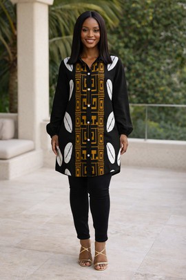 The Sahara Cowrie Mudcloth Shirt Dress – Bold print. Quiet confidence.