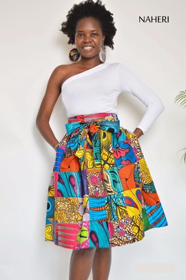 African print patchwork midi skirt