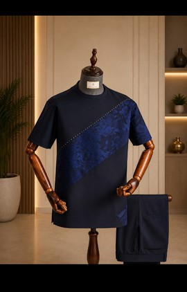 Ensemble traditionnel deux pièces pour homme, haut et pantalon à imprimé floral diagonal noir et bleu marine