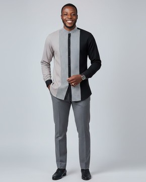 Modern Tri-Color Block Shirt | Men's Slim Fit Mandarin Collar Dress Shirt | Business Casual