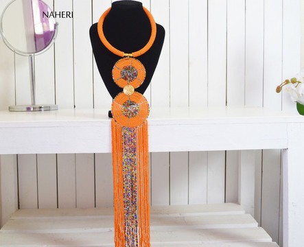 African Beaded Orange Necklace |  Romantic neck piece | Tiered &amp; Tribal fringe