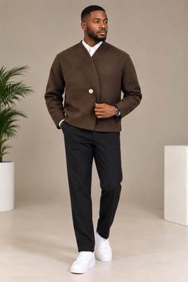 Ensemble veste marron sans col à boutonnage simple et pantalon noir ajusté pour homme