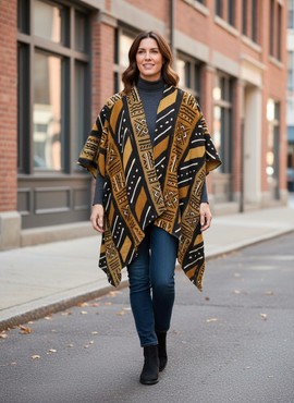 Poncho en tissu bogolan – Motifs ethniques noir, beige et moutarde
