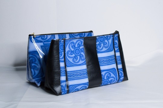 Cosmetic  Toiletries Travel &amp; Wash Bag - Vegan Leather &amp; Ankara African Print Fabric - Blue Duo Set