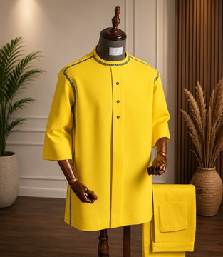 Men's Yellow Senator Set – Short Sleeve Native Wear Top with Embroidered Trim &amp; Matching Trousers
